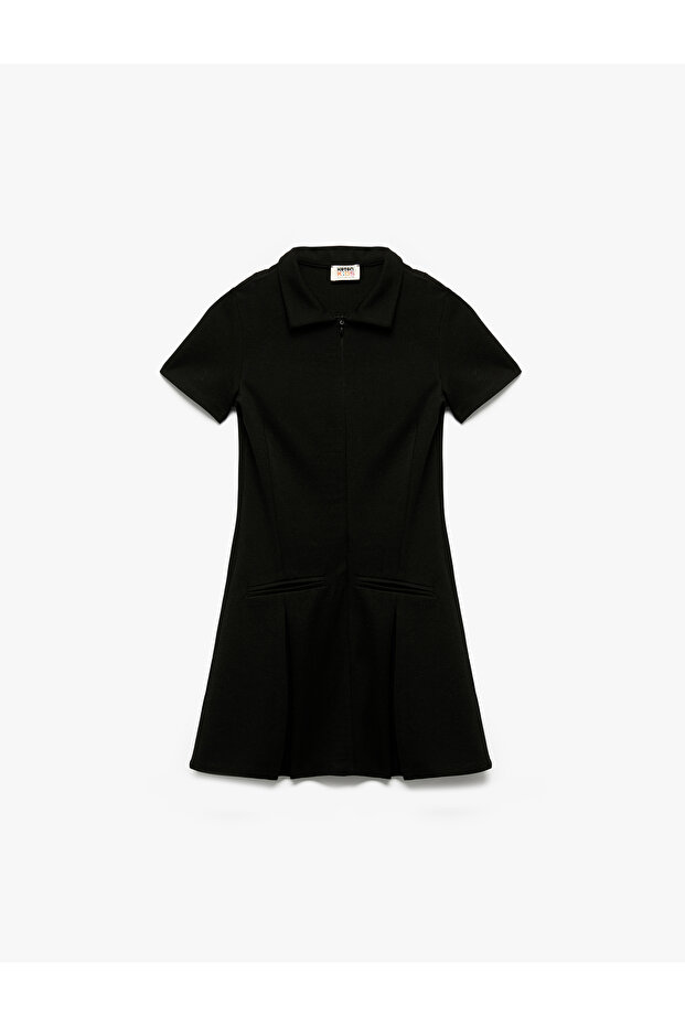 Slim Fit Polo Neck Half Zipper Short Sleeve Viscose Blended Mini Dress