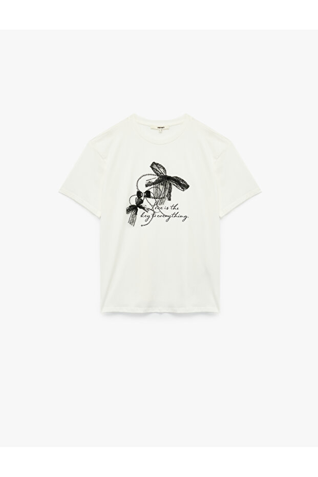 Short Sleeve Crew Neck Cotton Bow Detailed Printed Oversize T-Shirt