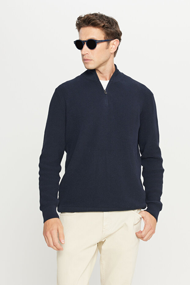 Men's Navy Blue Cotton Zippered Bato Collar Jacquard Standard Fit Regular Cut Knitwear Sweater