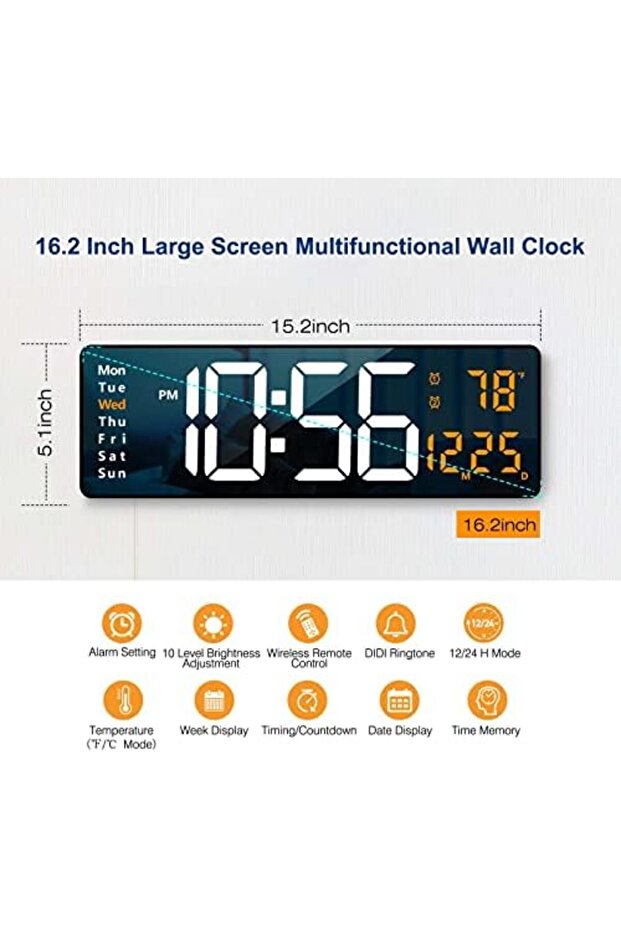 ساعة حائط رقمية بشاشة LED كبيرة، تصميم عصري، مقاس 16.2 بوصة، جهاز تحكم عن بعد، سطوع - 6