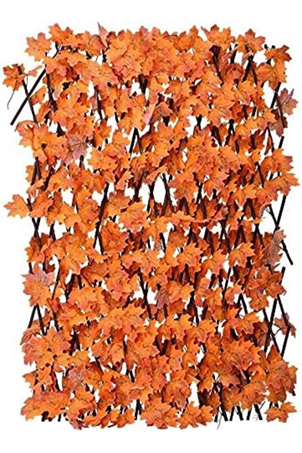 FFD Bamboo Wooden Fence With Orange Maple Leafs - Expandable Wicker Privacy Screen Trellis Fence