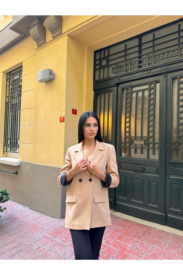 Beige Two Button Polyester Linen Jacket - 5