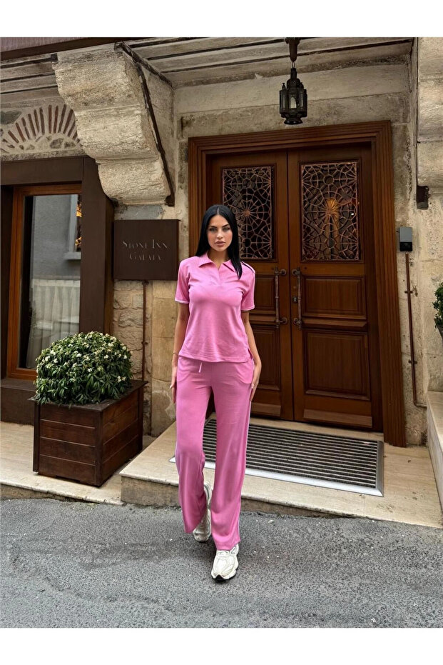 Pink Polyester Elastane Polo Neck Suit - 4