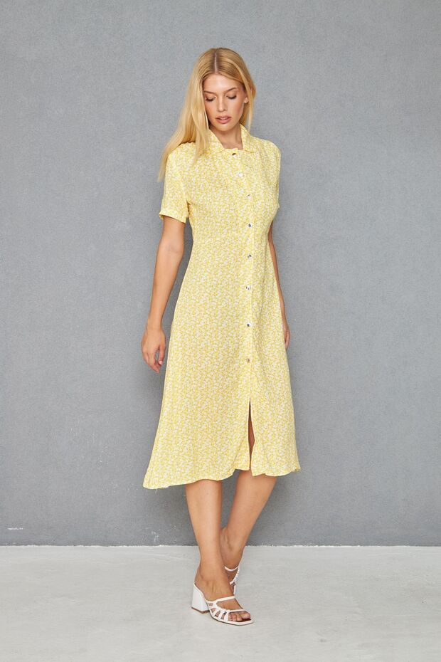 Women's Yellow Floral Buttoned Short Sleeve Elegant Dress