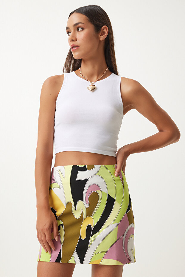 Patterned Mini Knitted Skirt Lfn0104 Pistachio Green Black
