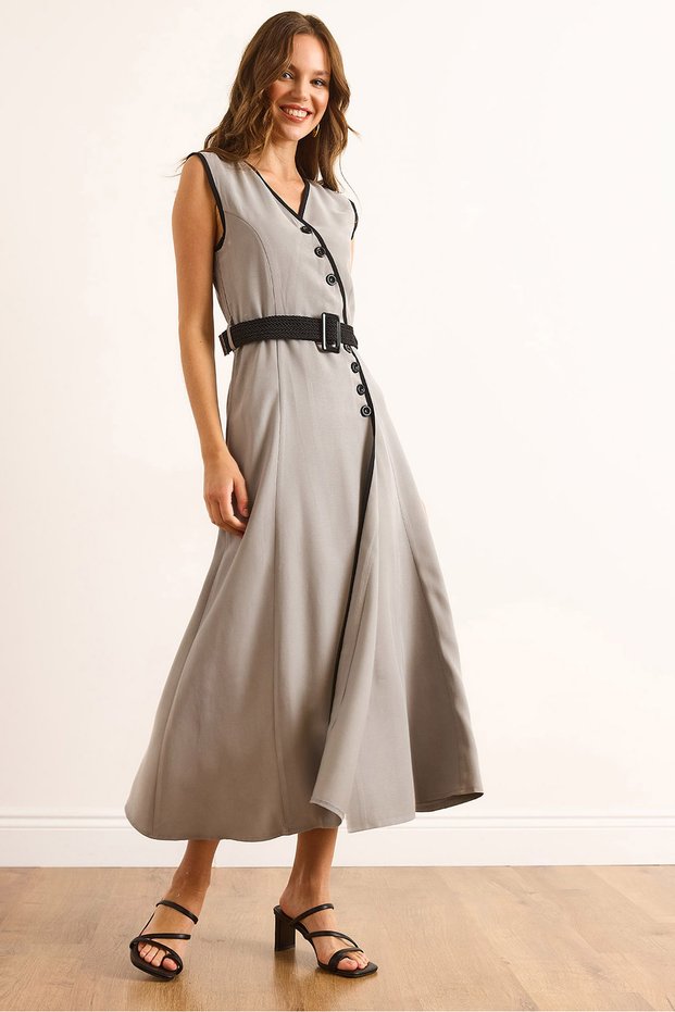 Women's Gray Belted Piping Detailed Flowy Maxi Dress Elb-19002528