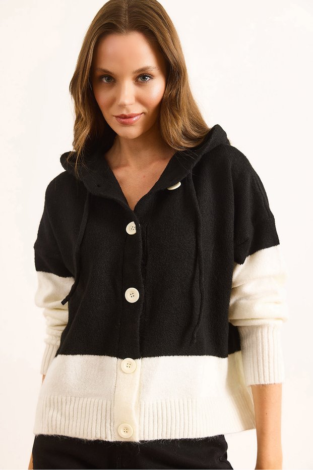 Women's Black Hooded Button Color Block Knitwear Cardigan Hrk-19000365