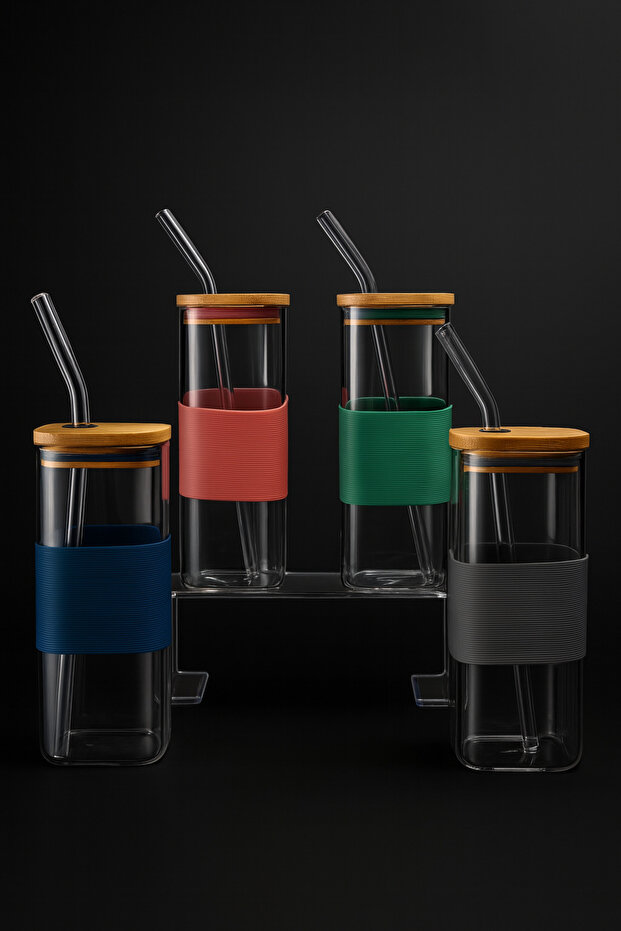 Set of 4 Square Borosilicate Glass Cups with Bamboo Lid and Colorful Silicone Band and Straw 400 ml
