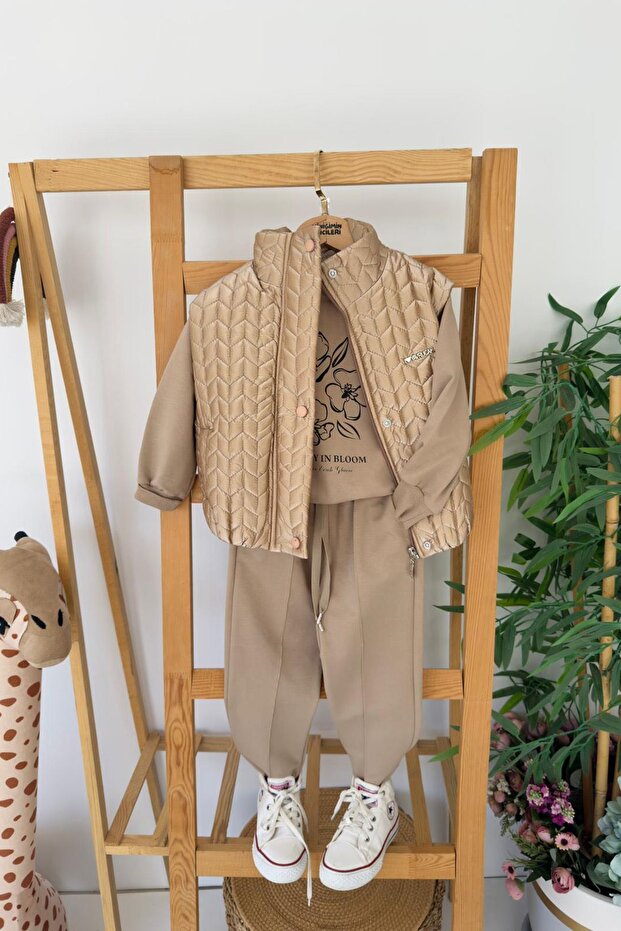 My Little Girl's 3-Piece Set with Flower Printed Patterned Vest - Brown