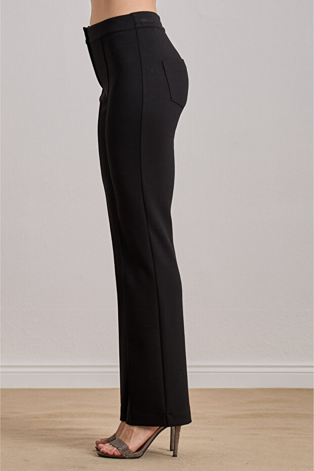 Düz Paça Siyah Örme Pantolon - 5