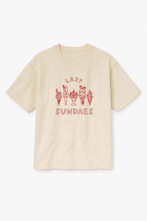 Oversize Beige Unisex Lazy Sundaes Ice Cream Printed T-Shirt T-Shirt
