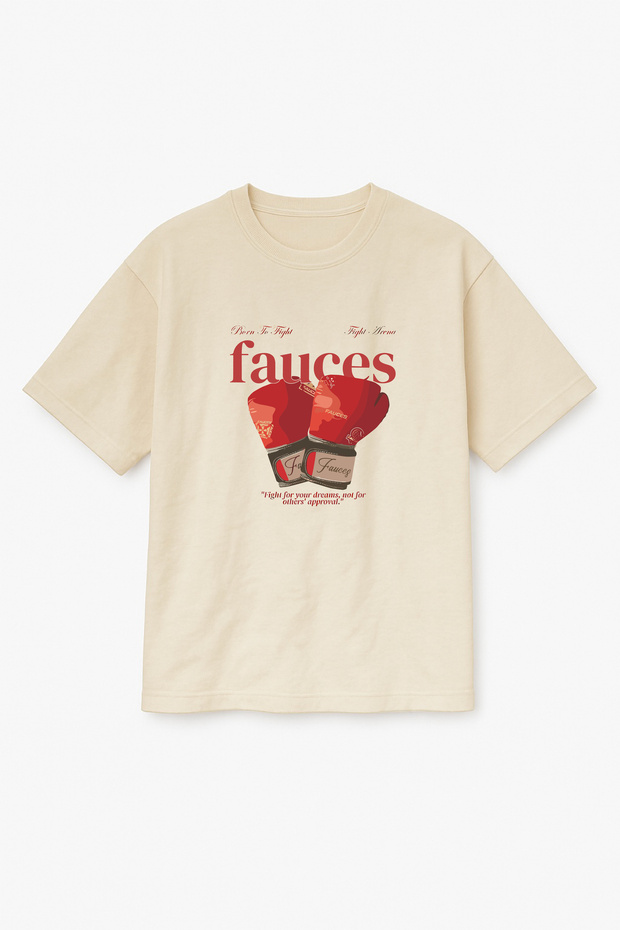 Oversize Beige Unisex Boxing Gloves Printed T-Shirt T-Shirt