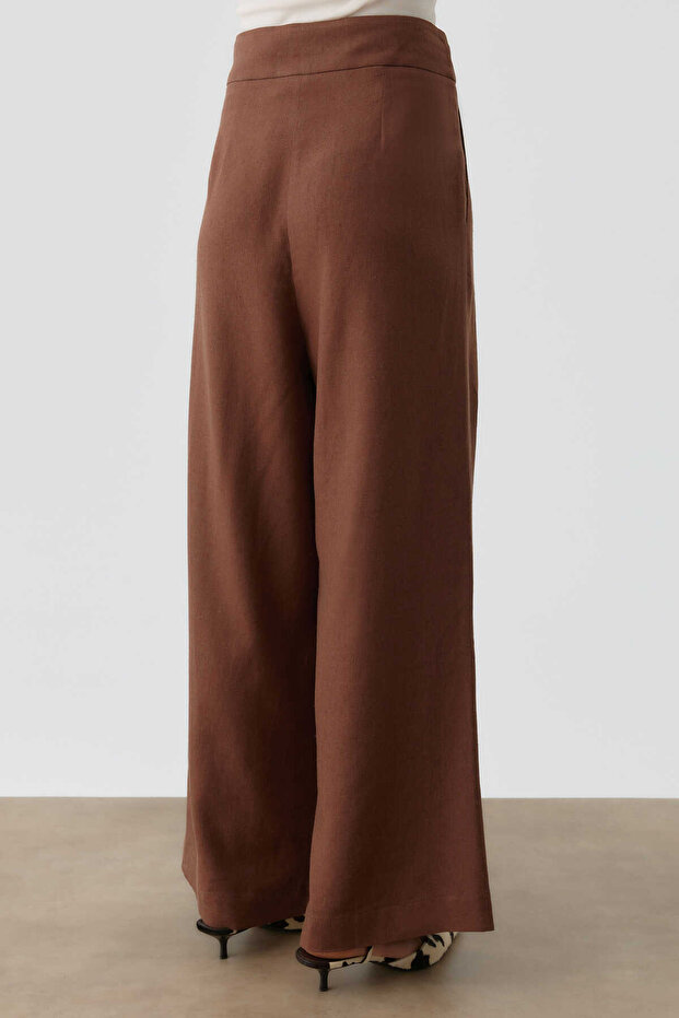 Pileli Keten Pantolon - Acı Kahve - 5