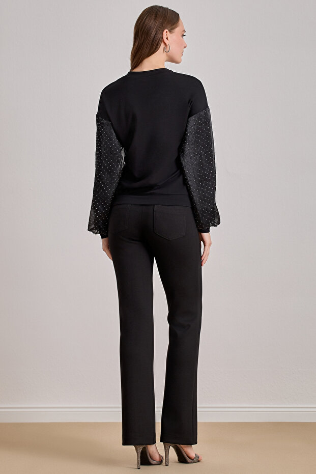 Düz Paça Siyah Örme Pantolon - 2