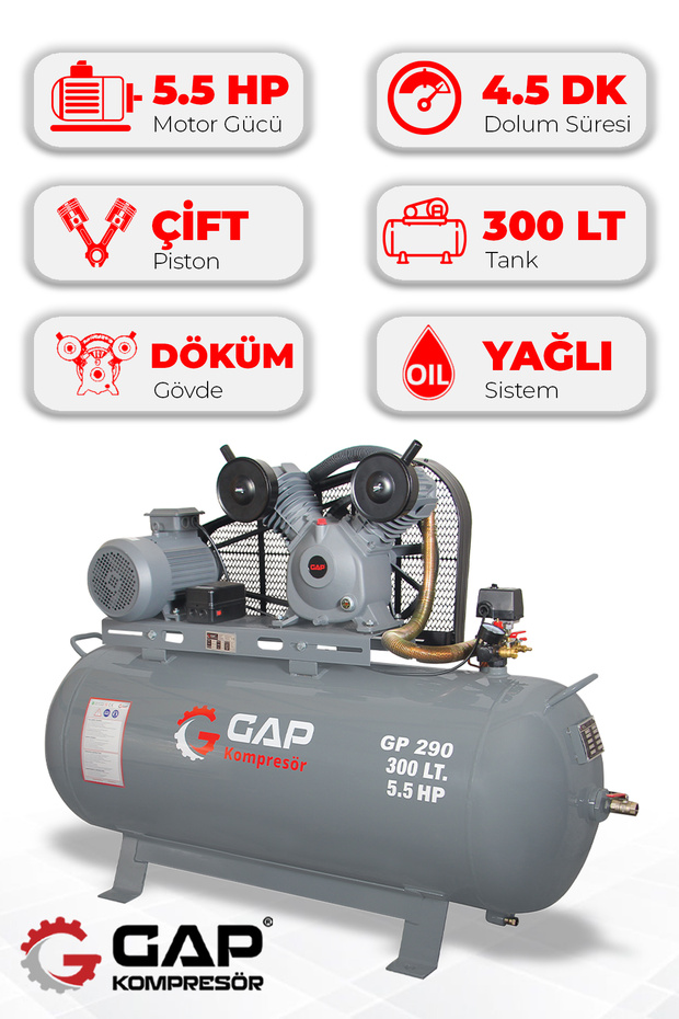Hava Kompresörü Pistonlu 300LT 2 Kafa 12 Bar 5.5 Hp GPK290 - 1