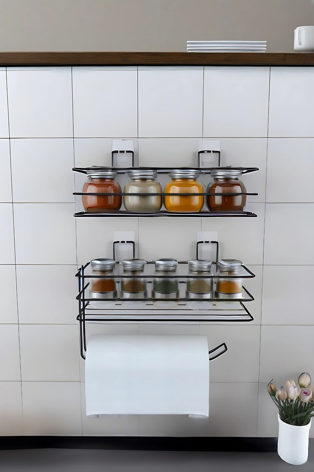 Adhesive Set of 2 Metal Spice Rack and Paper Towel Holder – Kitchen Shelf, Wall Mounted, No Drilling Installation