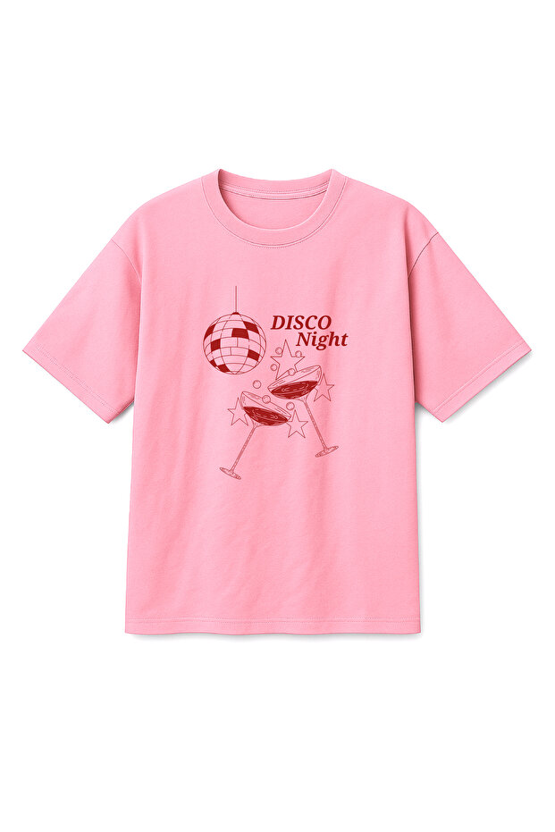 Oversize Pink Unisex Disco Night Cocktail Printed T-Shirt T-Shirt