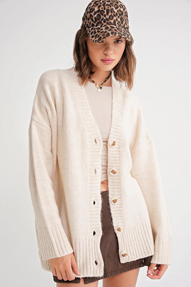 6927 Women's Soft Textured Casual Basic Knitwear Cardigan Natural