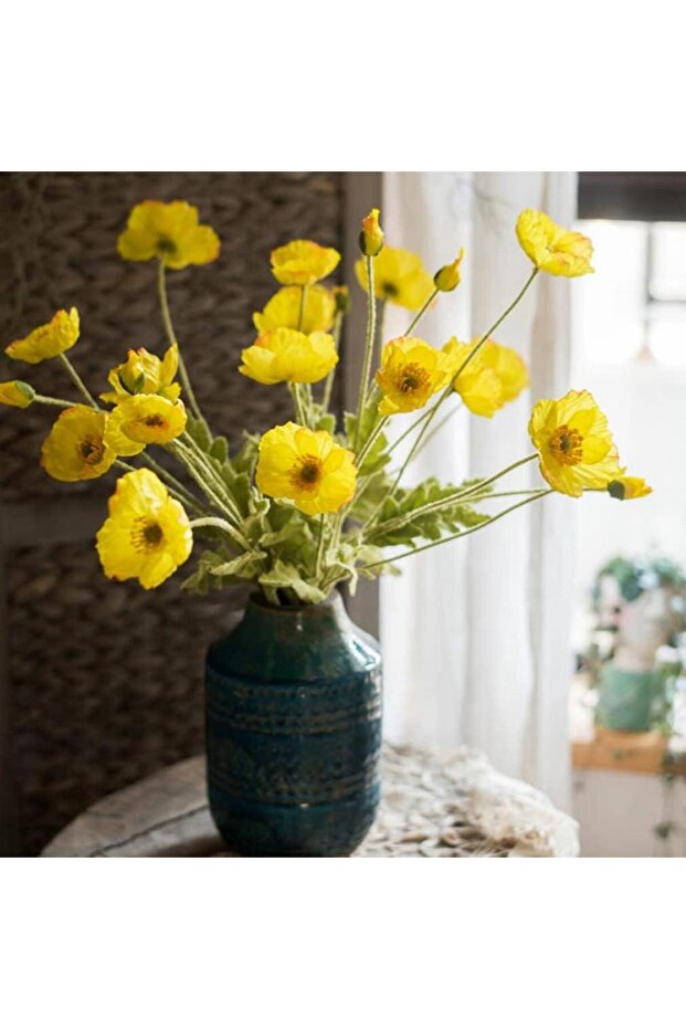 Yapay Çiçek Gelincik Çiçeği Sarı Renk 3 Çiçek 1 Tomurcuk 59Cm - 3