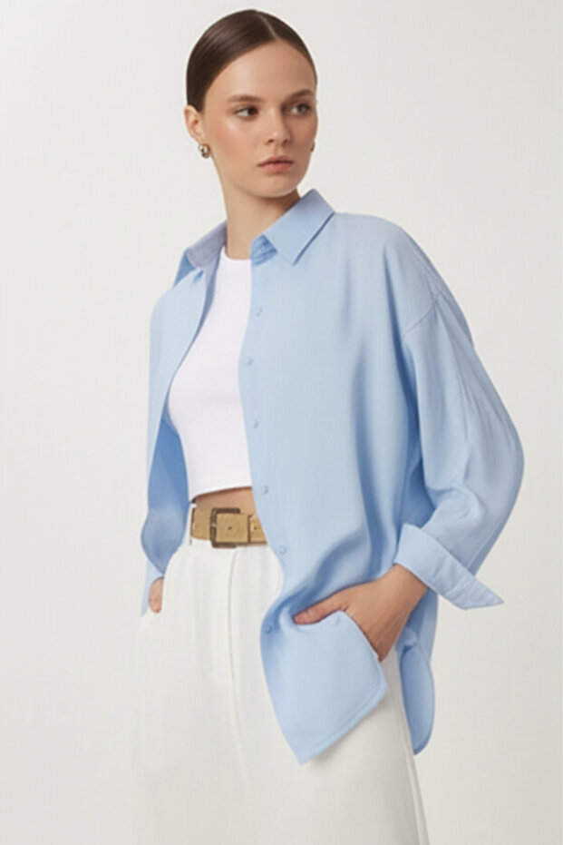 Mavi – Kadın Oversize Uzun Basic Gömlek - 4