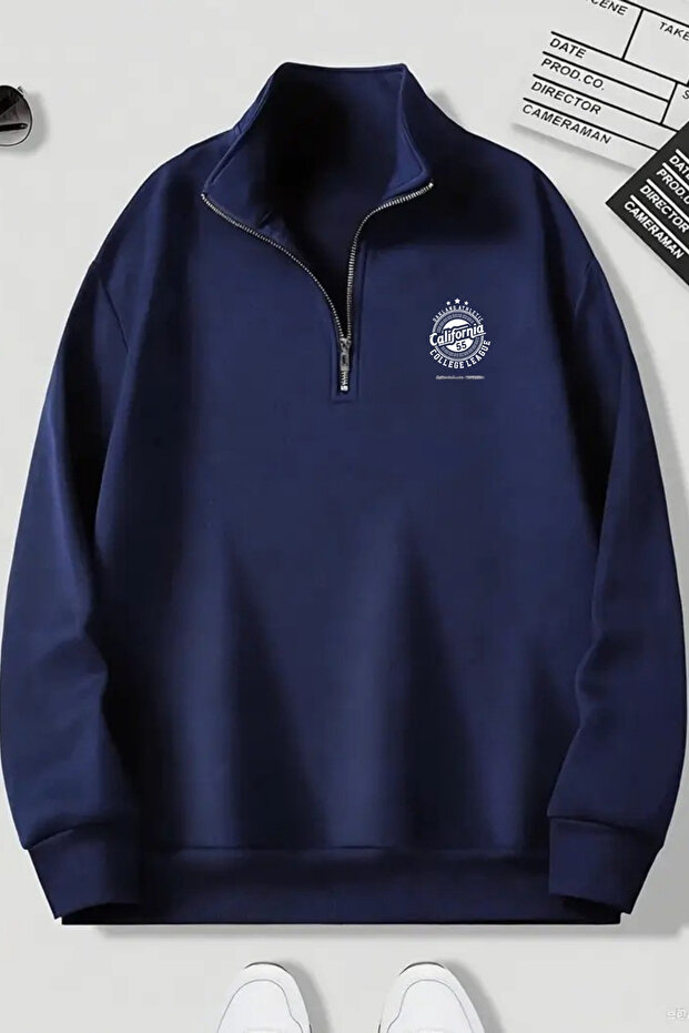 Navy Blue Zippered Hooded Sweatshirt - CALIFORNIA 55 - Winter Brushed Fabric