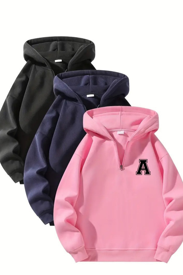 Unisex Zippered Hooded Oversize a Logo Printed Sweatshirt – Black / Navy Blue / Pink