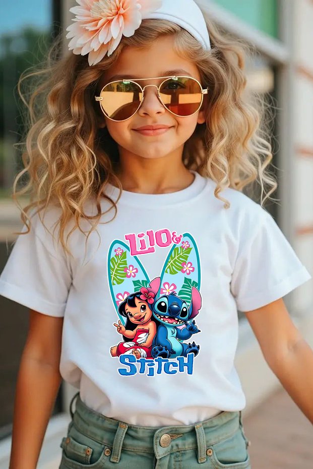 Lio Stich Pattern Printed Children's Black and White Unisex Tshirt