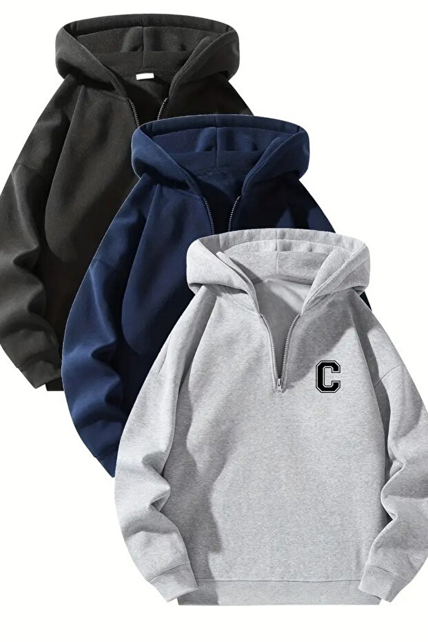 Унісекс Світшот з капюшоном на блискавці Oversize C з принтом – Чорний / Синій / Сірий - 1