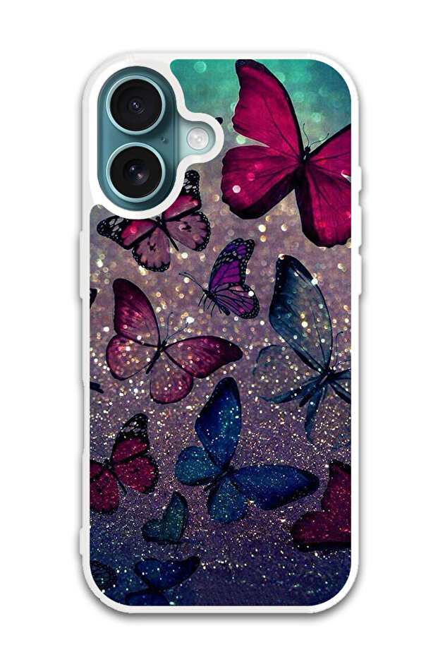 Protective Case Cover For APPLE IPHONE 16 Glitters Butterflies (White Bumper)