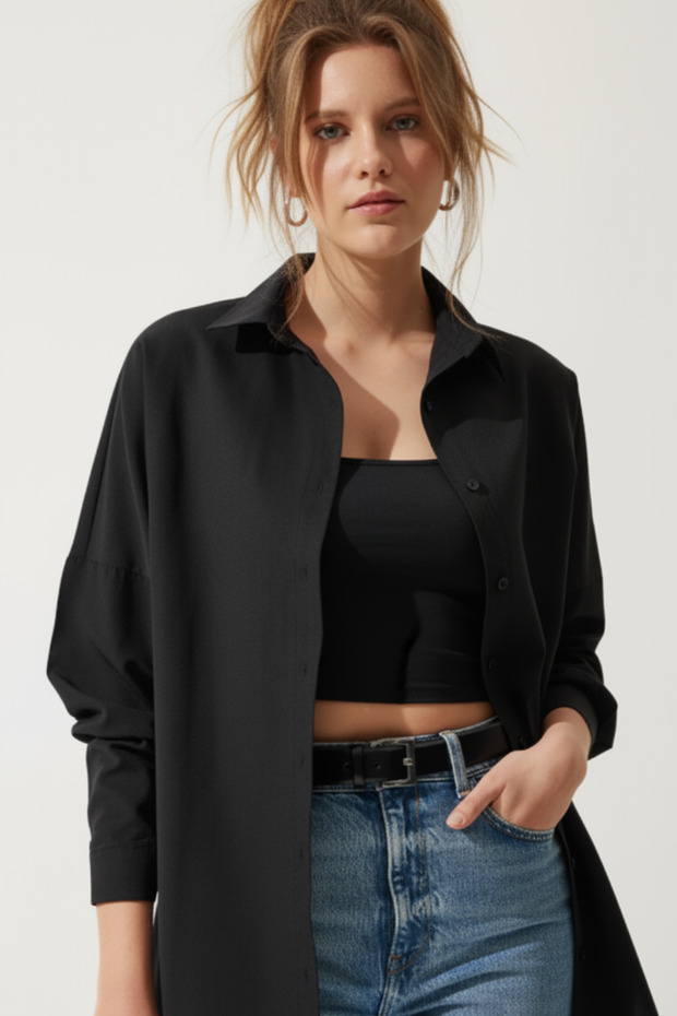 Kadın Oversize Uzun Basic Gömlek - 1