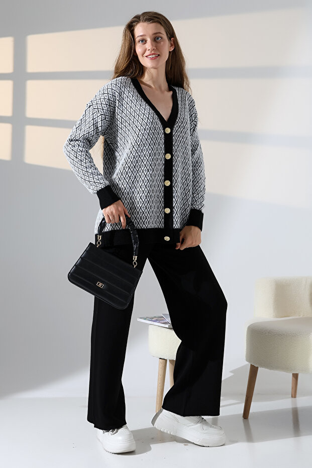 V-Neck Long Sleeve Jacquard Panel Button Soft Textured Cardigan Straight Pipe Leg Pants Double Knitwear Suit