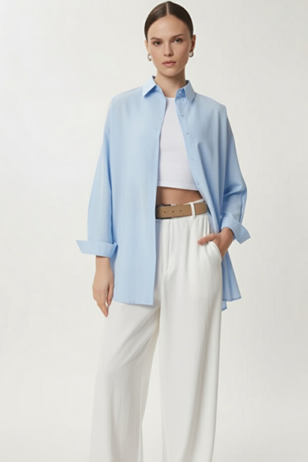 Mavi – Kadın Oversize Uzun Basic Gömlek - 3