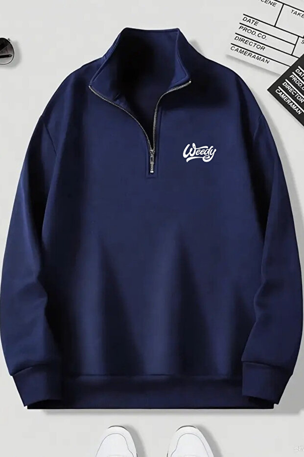 Navy Blue Zippered Dikyaka Sweatshirt - Weedy Printed - Winter Hooded Fabric