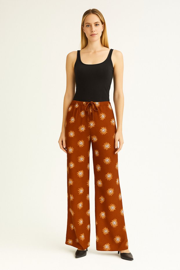 Women's Brown Floral Belted Elastic Waist Relaxed Fit Palazzo Linen Trousers