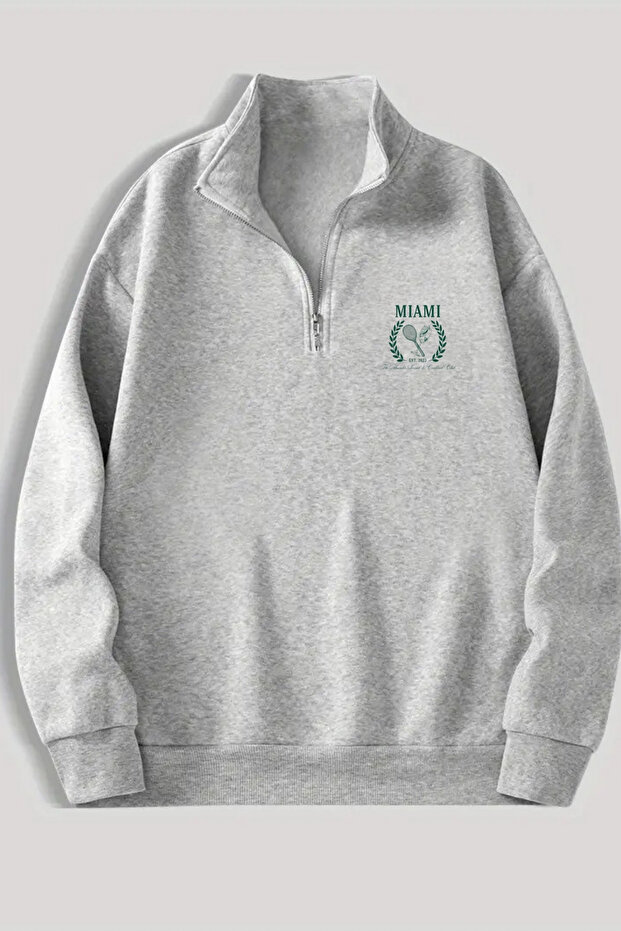 Gray Zippered Dikyaka Sweatshirt - Miami Tennis - Winter Hooded Fabric