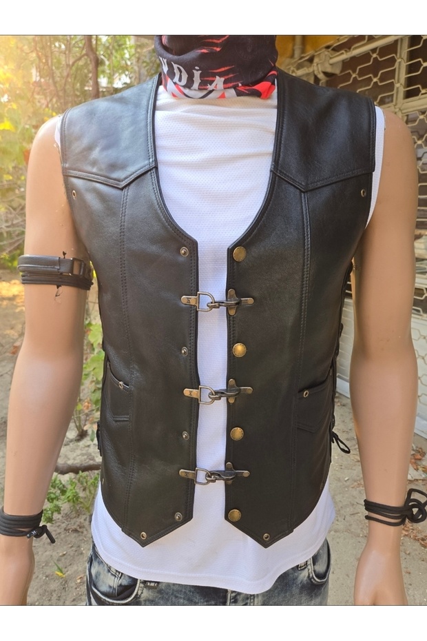 Genuine Leather Big Hook Biker Vest