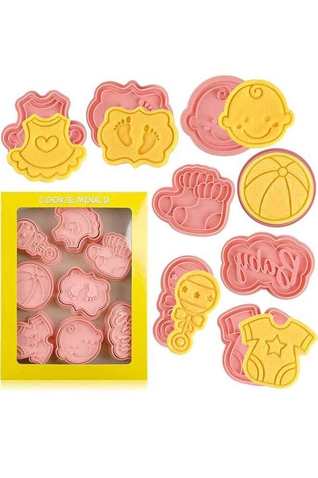 8Pcs Baby Shower Cookie Cutters Set with Plunger Stamps, Cute for Biscuit Cheese Baking