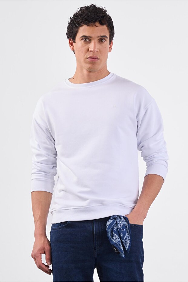 Men's Regular Fit Crew Neck White Sweatshirt