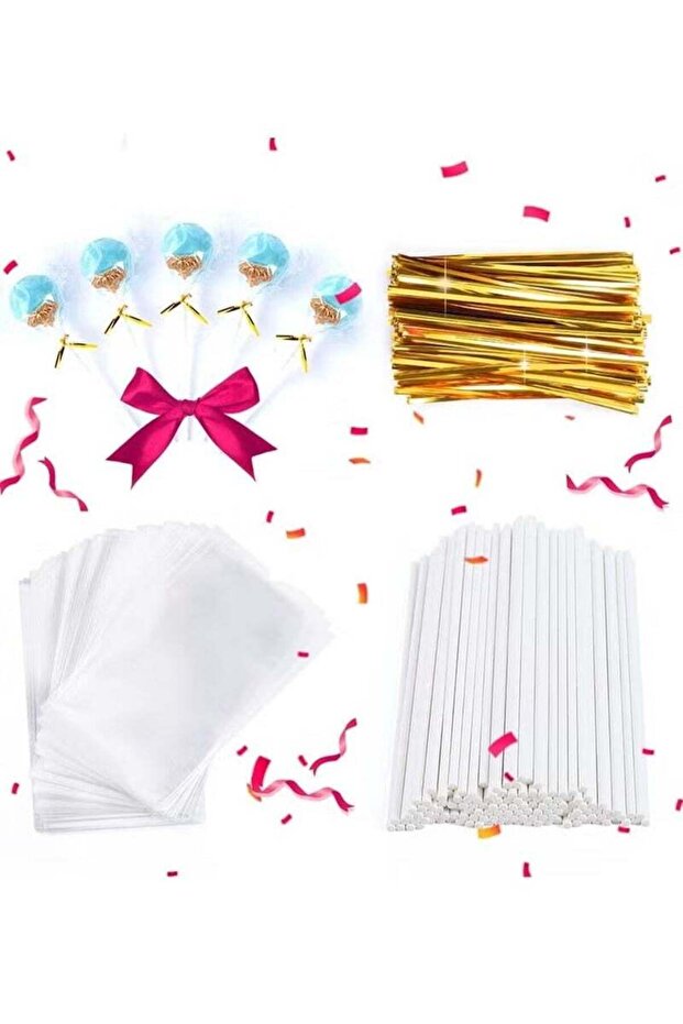 300PCS DIY Cake Pop Sticks and Wrappers Set,Including Paper Lollipop Sticks,Clear Candy Treat Bags
