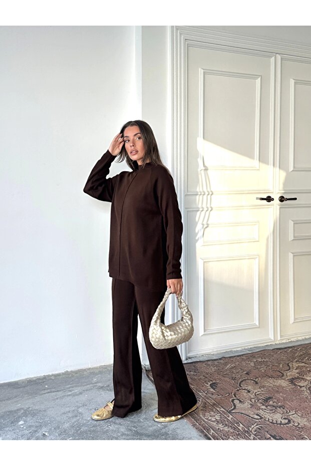 Women's Half Turtleneck Sweater Pants Bottom Top Knitwear Set - Brown (New Color) - 4