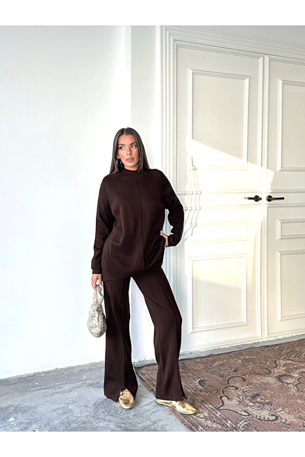 Women's Half Turtleneck Sweater Pants Bottom Top Knitwear Set - Brown (New Color) - 7