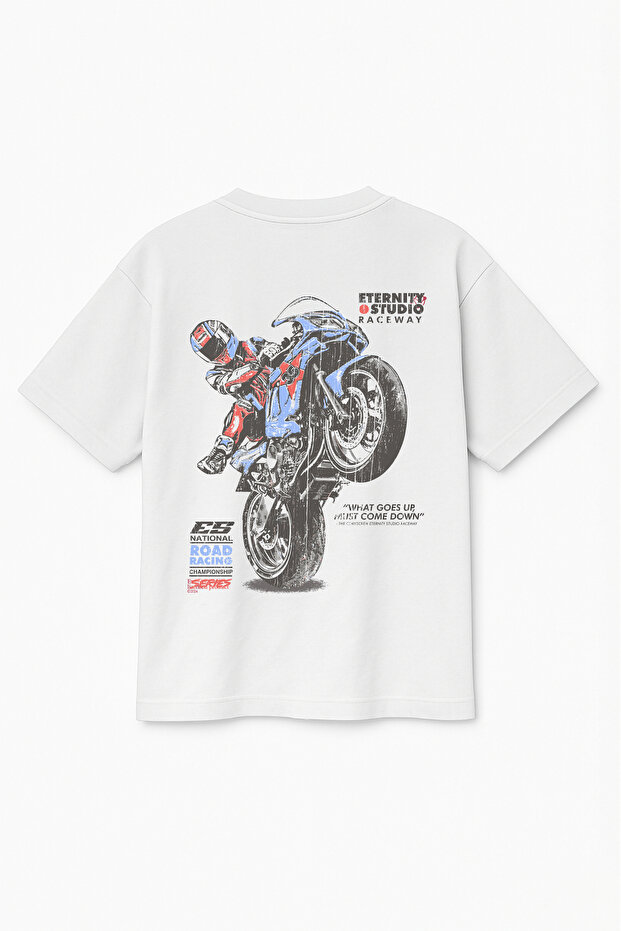 Oversize White Unisex Motorcycle Printed T-Shirt T-Shirt
