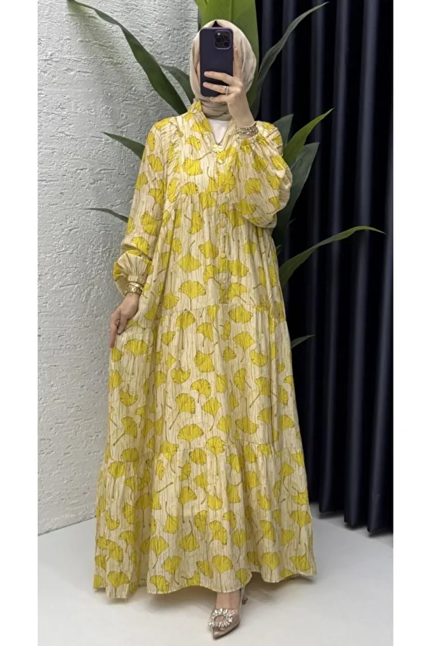 Premium mango kumaş yonca desenli elbise - 1