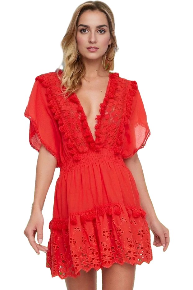 Women's Mini Beach Dress V-Neck Brode Detailed Cotton Summer Casual Use Quality Material