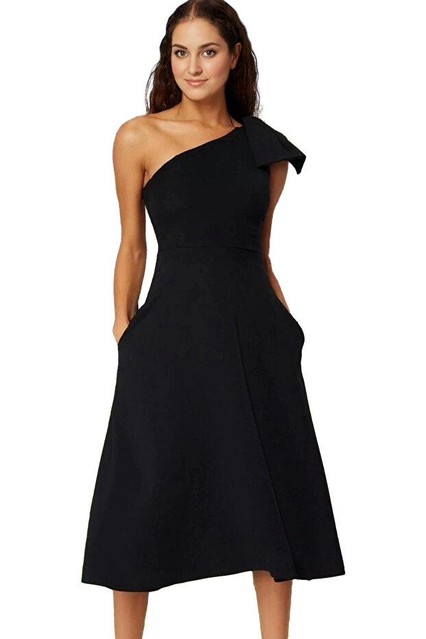 Women's Asymmetrical Collar One Sleeve Midi Evening Dress with Bow A-Line Woven Summer Essential