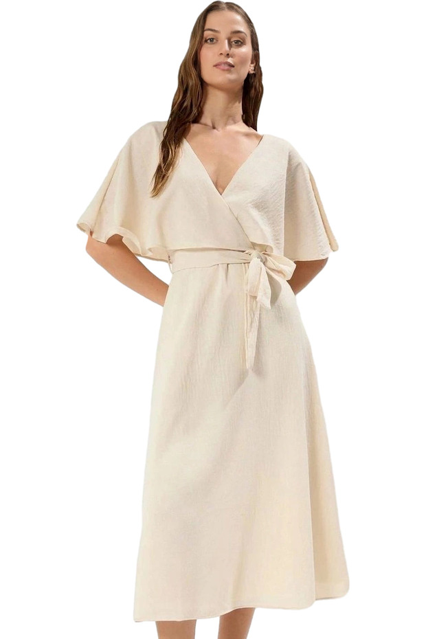 Women's Linen Look Midi Dress Cape Detail A-Line Comfortable Casual Summer Indispensable