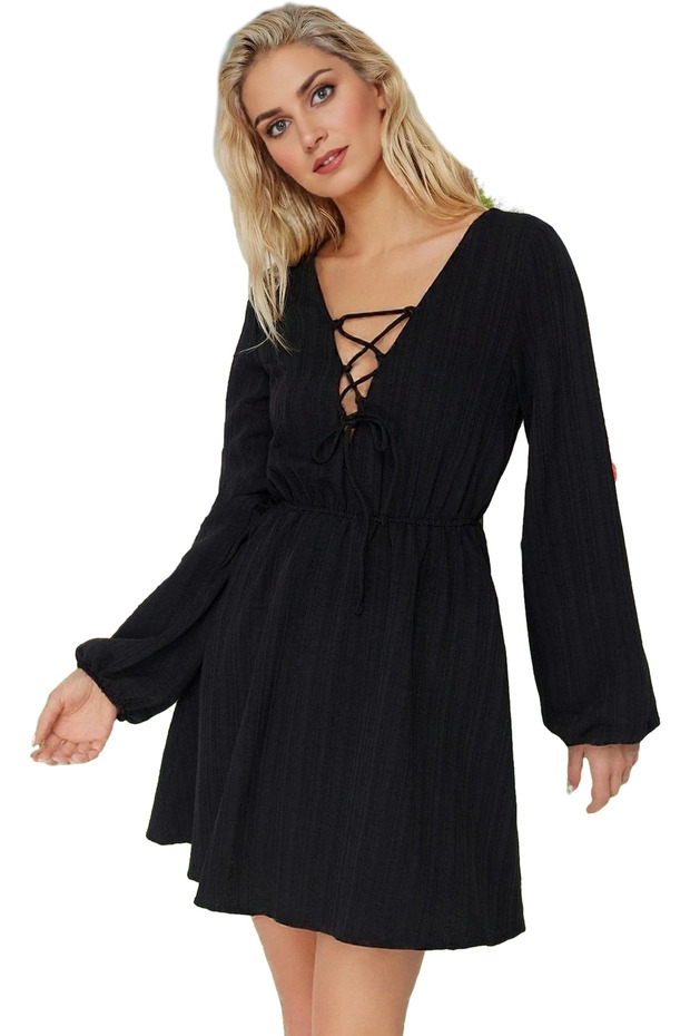 Women's Mini Beach Dress Linen Blend Long Sleeve V Neck Summer Casual Summer's Must Have