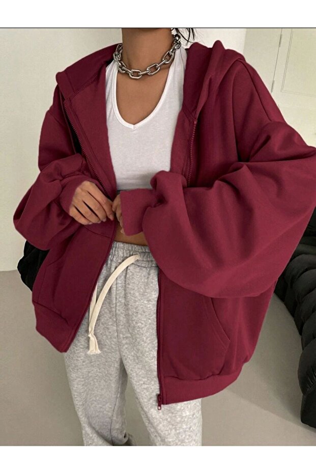 Burgundy Plain Zippered Hoodie Unisex Cardigan