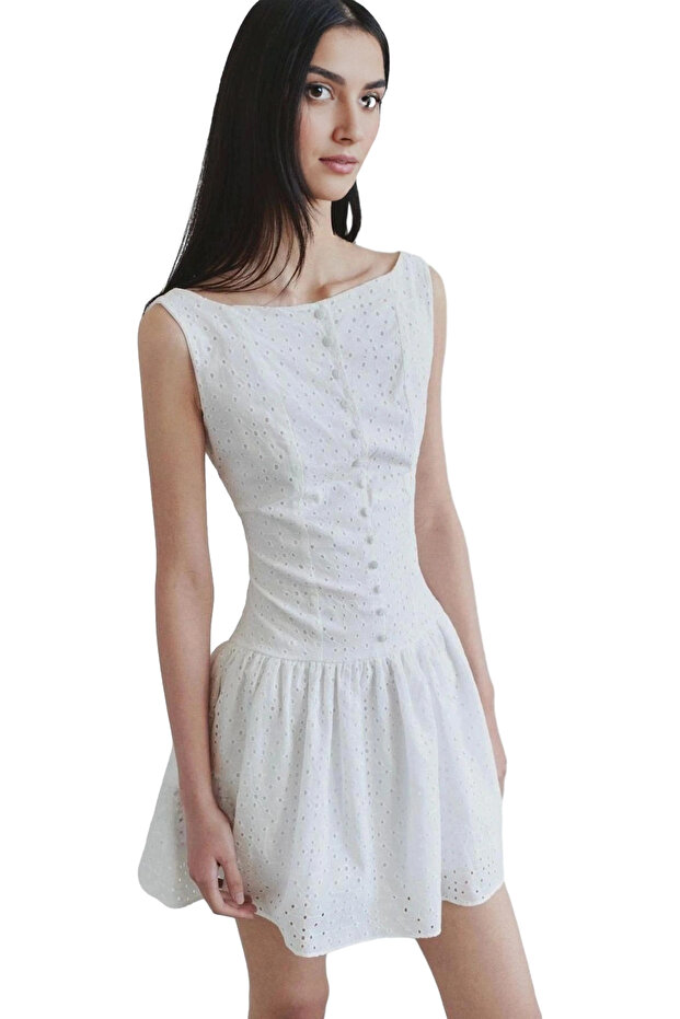 Women's Brode Mini Dress Boat Neck Cotton Lined Summer Design Summer Indispensable