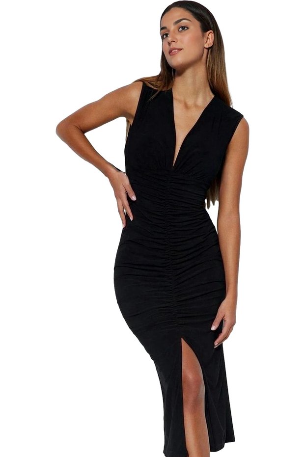 Women's Bodycon Midi Dress V Neck Shirring Detail Day and Night Use Indispensable in Summer
